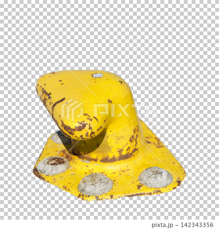 A weathered yellow bollard with rust spots and concrete anchors sits isolated A weathered yellow bollard with rust spots and concrete anchors sits isolated 142343356