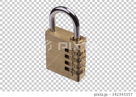 A brass combination padlock with four rotating number dials is shown A brass combination padlock with four rotating number dials is shown 142343357