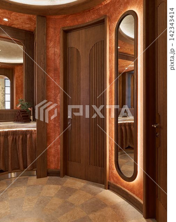 open wooden door in cozy bathroom with first-person perspective and towel stack near sink, brown and orange tones, natural light, clean interior design, for interior decor. open wooden door in cozy bathroom with first-person perspective and towel stack near sink, brown and orange tones, natural light, clean interior design, for interior decor. 142343414