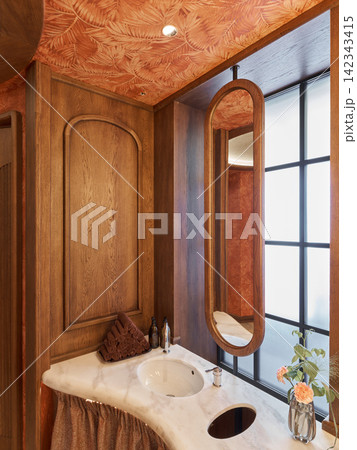 still life of elegant bathroom interior with marble sink, wooden soap dispensers, and glass flower vase in first person view, brown and white tones, serene and clean setting. still life of elegant bathroom interior with marble sink, wooden soap dispensers, and glass flower vase in first person view, brown and white tones, serene and clean setting. 142343415