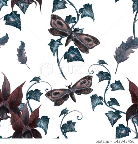 Seamless pattern with dark orchids, moths, ivy hand drawn watercolor illustration. Victorian gothic witchcraft poison garden shadow aesthetic for halloween textile, fabric, mystical wallpaper interior 142343456