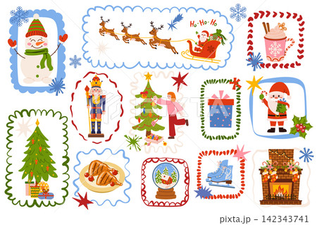 Christmas set of flat vector festive illustrations with whimsical frames, Santa Claus in a sleigh, a snowman, a nutcracker, decorated trees, gifts, ice skates, a snow globe, and festive elements. Christmas set of flat vector festive illustrations with whimsical frames, Santa Claus in a sleigh, a snowman, a nutcracker, decorated trees, gifts, ice skates, a snow globe, and festive elements. 142343741