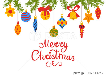Merry Christmas greeting card template with hanging holiday ornaments. Features colorful tree toys, baubles, stars, bells, and ribbons hanging from green fir branches over a clean white background. 142343747