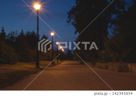 The tiled road in the night green park with lanterns in summer. Benches in the park during the summer season at night. Illumination of a park road with lanterns. Park of Eternal Glory. Ukraine The tiled road in the night green park with lanterns in summer. Benches in the park during the summer season at night. Illumination of a park road with lanterns. Park of Eternal Glory. Ukraine 142343854