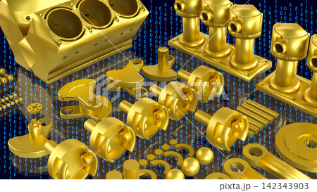 Golden Automotive Engine Parts With Binary Code 3d render. Golden Automotive Engine Parts With Binary Code 3d render. 142343903