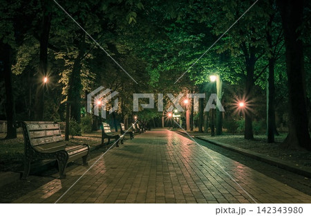 The tiled road in the night green park with lanterns in spring. A benches in the park during the spring season at night. Illumination of a park road with lanterns at night. Mariinsky Park. Ukraine The tiled road in the night green park with lanterns in spring. A benches in the park during the spring season at night. Illumination of a park road with lanterns at night. Mariinsky Park. Ukraine 142343980