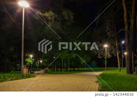 The tiled road in the night green park with lanterns in spring. A benches in the park during the spring season at night. Illumination of a park road with lanterns at night. Mariinsky Park. Ukraine The tiled road in the night green park with lanterns in spring. A benches in the park during the spring season at night. Illumination of a park road with lanterns at night. Mariinsky Park. Ukraine 142344016