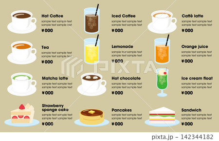 カフェのメニュー表 コーヒー・ドリンク・スイーツ カフェのメニュー表 コーヒー・ドリンク・スイーツ 142344182