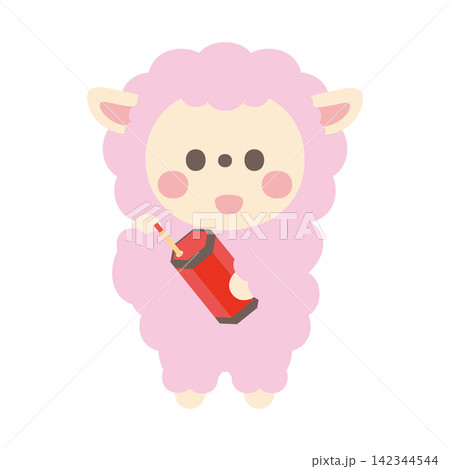 おみくじを引くかわいい羊のキャラクターイラスト素材 142344544