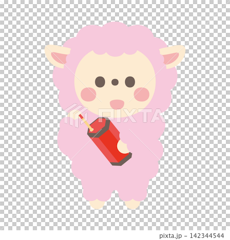 おみくじを引くかわいい羊のキャラクターイラスト素材 142344544