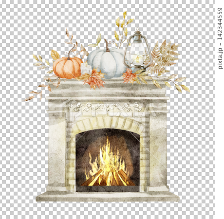 Fireplace watercolor illustration with pumpkins, lantern and autumn foliage isolated on background. Cozy harvest clipart for Thanksgiving invitations, farmhouse and seasonal designs in huggy style. Fireplace watercolor illustration with pumpkins, lantern and autumn foliage isolated on background. Cozy harvest clipart for Thanksgiving invitations, farmhouse and seasonal designs in huggy style. 142344559