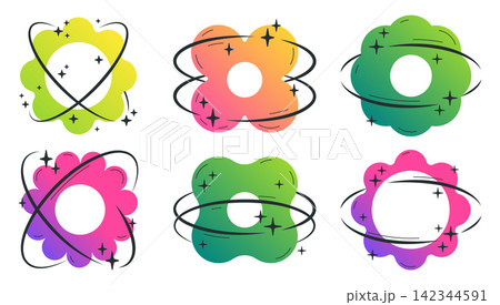 Abstract colorful flower shapes. Green, pink and yellow abstract forms with rings and sparkles flat vector illustration set. Magical celestial symbols isolated on white background Abstract colorful flower shapes. Green, pink and yellow abstract forms with rings and sparkles flat vector illustration set. Magical celestial symbols isolated on white background 142344591