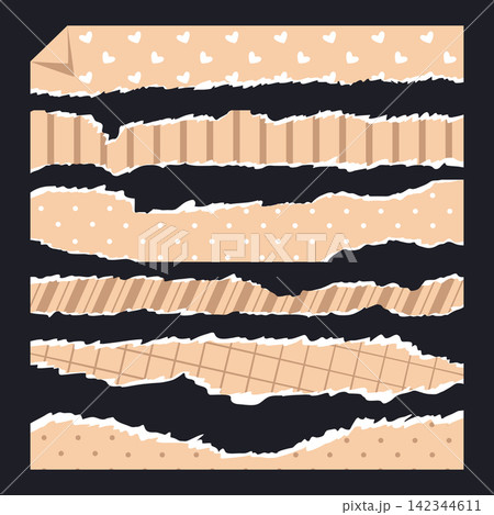 Ripped paper texture. Torn beige paper strips with varied rough edges and patterns flat vector illustration set. Scrapbook background elements isolated on dark background Ripped paper texture. Torn beige paper strips with varied rough edges and patterns flat vector illustration set. Scrapbook background elements isolated on dark background 142344611