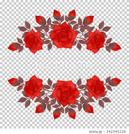 Frame, a wreath of red, scarlet roses with space for inscription. Watercolor, pastel. Isolated composition. Hand drawn in a flat style. Design element 142345226