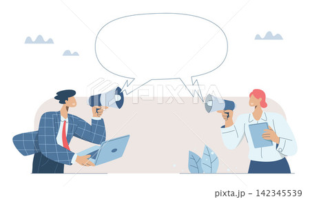 Important notice announcement, Promote products, Marketing communication concept, With large speech bubbles, Male and female staff hold loudspeakers in their hands to announce company news. Important notice announcement, Promote products, Marketing communication concept, With large speech bubbles, Male and female staff hold loudspeakers in their hands to announce company news. 142345539