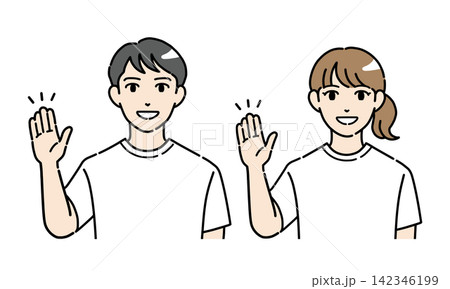 笑顔で案内する普段着の若い男女のイラストセット 笑顔で案内する普段着の若い男女のイラストセット 142346199