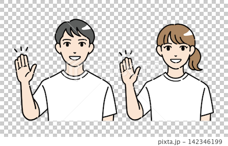 笑顔で案内する普段着の若い男女のイラストセット 笑顔で案内する普段着の若い男女のイラストセット 142346199