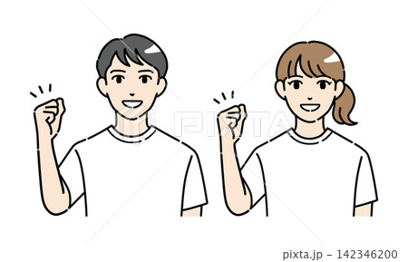 ガッツポーズをする普段着の若い男女のイラストセット ガッツポーズをする普段着の若い男女のイラストセット 142346200