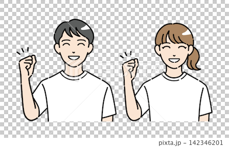 A set of illustrations of young men and women in casual clothes, smiling and making victory poses. 142346201