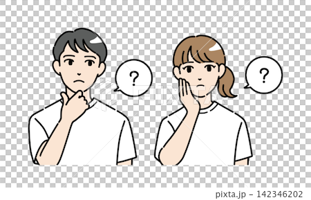 A set of illustrations of young men and women in casual clothes who seem to have questions. A set of illustrations of young men and women in casual clothes who seem to have questions. 142346202