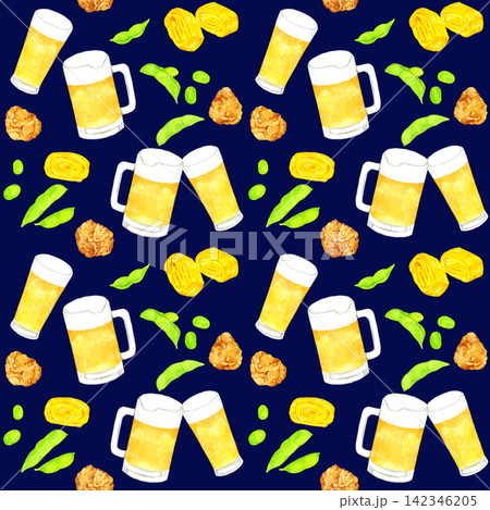 ビールとおつまみのシームレスパターン　手描き水彩イラスト背景素材 142346205