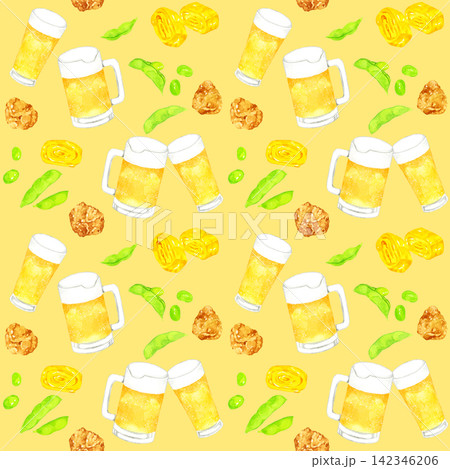 ビールとおつまみのシームレスパターン 手描き水彩イラスト背景素材 ビールとおつまみのシームレスパターン 手描き水彩イラスト背景素材 142346206