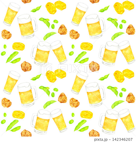 ビールとおつまみのシームレスパターン 手描き水彩イラスト背景素材 ビールとおつまみのシームレスパターン 手描き水彩イラスト背景素材 142346207
