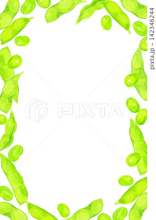 枝豆のフレーム　夏野菜の手描き水彩イラスト背景素材 142346244