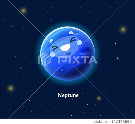 Cartoon kawaii Neptune planet character. Blue solar system planet with joyful smiling face and bright cyan glow halo for solar system educational posters and space science classroom displays 142346696