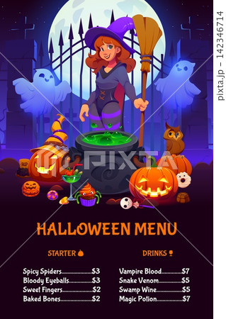 Halloween witch bar menu featuring cartoon witch with broomstick brewing magic potion in cauldron. Vector menu with pumpkins, ghosts and spooky treats for restaurant promotions or Halloween events 142346714