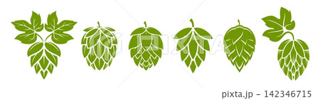 Green beer hop cone icons set with leaves. Craft brewery emblems for beer brand identity, pub signage, brewery label design, microbrewery symbols and alcoholic beverage packaging projects Green beer hop cone icons set with leaves. Craft brewery emblems for beer brand identity, pub signage, brewery label design, microbrewery symbols and alcoholic beverage packaging projects 142346715