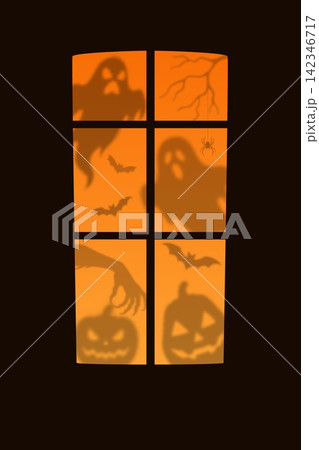 Halloween door with ghost and pumpkin silhouettes shadows. Spooky window silhouettes featuring ghosts, bats, pumpkins, spider on web, and zombie hand. Scary vector shadow for Halloween party decor 142346717