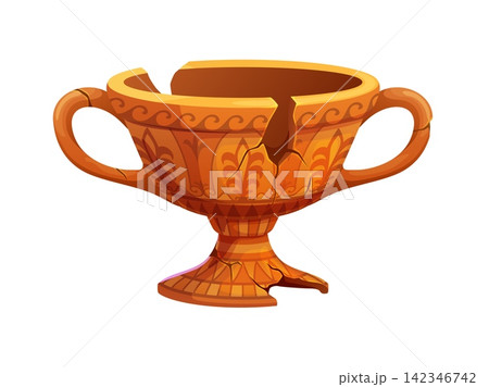 Cartoon ancient Greek broken ceramic vase icon. Damaged terracotta amphora with two handles, visible cracks, chips and traditional floral and wave ornaments for archeological museum posters Cartoon ancient Greek broken ceramic vase icon. Damaged terracotta amphora with two handles, visible cracks, chips and traditional floral and wave ornaments for archeological museum posters 142346742
