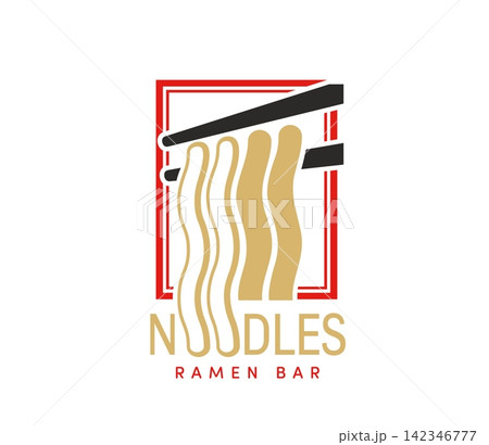 Asian ramen bar and traditional noodles icon. Vibrant emblem features stylized golden noodles held by black chopsticks inside red rectangular frame. Creative sign for oriental food delivery service 142346777