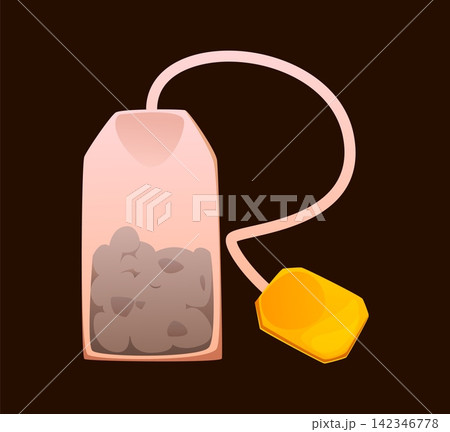 Cartoon breakfast font letter R with tea bag. Playful food typography featuring tea bag filled with dark tea leaves and bright yellow tag. Vibrant alphabet letter R for kitchen wall art prints Cartoon breakfast font letter R with tea bag. Playful food typography featuring tea bag filled with dark tea leaves and bright yellow tag. Vibrant alphabet letter R for kitchen wall art prints 142346778