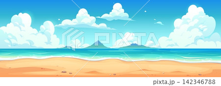 Cartoon seaside and ocean horizon landscape of sea coast with blue waves and sand. Cartoon seaside background of summer beach and clouds in sky with panorama of island mountain rocks or lagoon Cartoon seaside and ocean horizon landscape of sea coast with blue waves and sand. Cartoon seaside background of summer beach and clouds in sky with panorama of island mountain rocks or lagoon 142346788