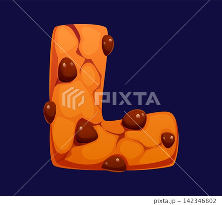 Cartoon golden brown chocolate chip cookie letter L with cracks and embedded chocolate chunks. Vibrant font for bakery branding, cafe menu designs or educational kids learning applications Cartoon golden brown chocolate chip cookie letter L with cracks and embedded chocolate chunks. Vibrant font for bakery branding, cafe menu designs or educational kids learning applications 142346802