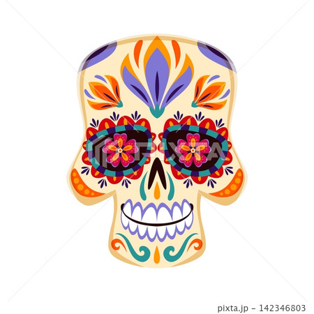Cartoon Dia de Los Muertos calavera Mexican sugar skull decorated with elegant floral patterns. Authentic Day of the Dead festival character with marigold blossoms for festive greeting cards Cartoon Dia de Los Muertos calavera Mexican sugar skull decorated with elegant floral patterns. Authentic Day of the Dead festival character with marigold blossoms for festive greeting cards 142346803