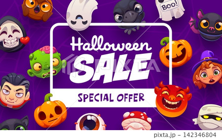 Happy Halloween seasonal sale banner with funny and scary kawaii holiday emoji characters. Vector ghost, owl, spider, bat, skull, zombie, pumpkin, witch, Dracula, devil, and mummy for shop displays 142346804