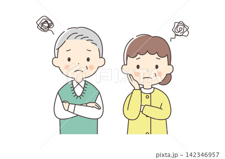 困った顔をしたシニア男女の上半身イラスト 困った顔をしたシニア男女の上半身イラスト 142346957