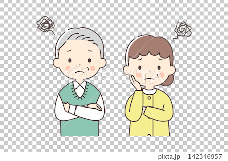 困った顔をしたシニア男女の上半身イラスト 困った顔をしたシニア男女の上半身イラスト 142346957