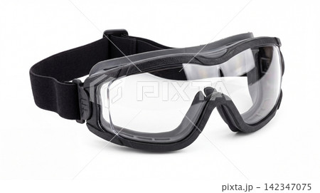Protective safety goggles with clear lenses and black elastic strap on white background protective protection transparent adjustable workplace industrial construction manufacturing chemistry Protective safety goggles with clear lenses and black elastic strap on white background protective protection transparent adjustable workplace industrial construction manufacturing chemistry 142347075
