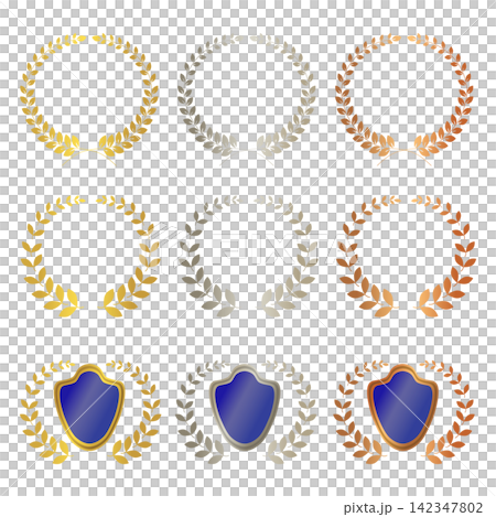 Illustrations of gold, silver, and bronze laurel wreaths with space for text. 142347802