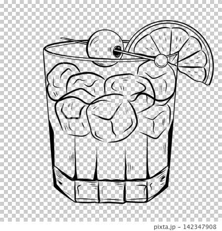 Whiskey Sour Cocktail Illustration with Lemon and Cherry 142347908