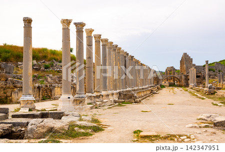 Columned west street in Perge Ancient City Columned west street in Perge Ancient City 142347951