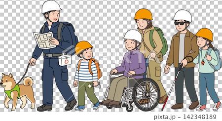 Evacuation drill illustrations for diverse groups of people, including people with disabilities, the elderly, and socially vulnerable groups. Evacuation drill illustrations for diverse groups of people, including people with disabilities, the elderly, and socially vulnerable groups. 142348189