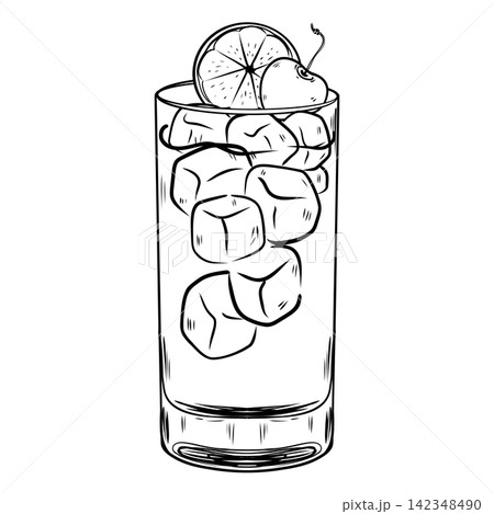 Tom Collins Cocktail Illustration with Lemon Garnish 142348490