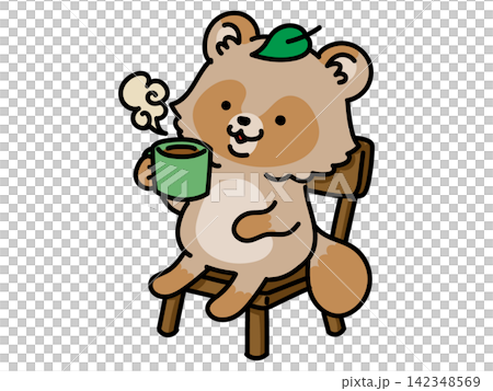 A raccoon sitting in a chair and drinking coffee. A raccoon sitting in a chair and drinking coffee. 142348569