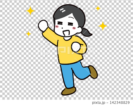 A full-body illustration of a young woman with a joyful and happy expression. 142348829