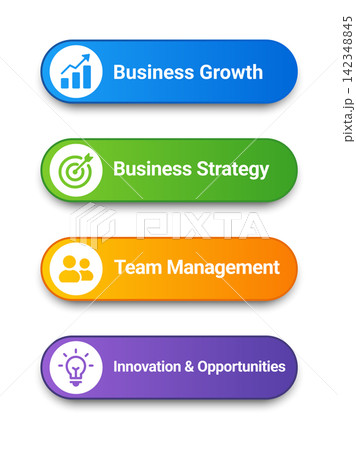 Business banner set featuring growth, strategy, team management, innovation, colorful gradient panels, modern icons, corporate design, and professional vector infographic style. Business banner set featuring growth, strategy, team management, innovation, colorful gradient panels, modern icons, corporate design, and professional vector infographic style. 142348845